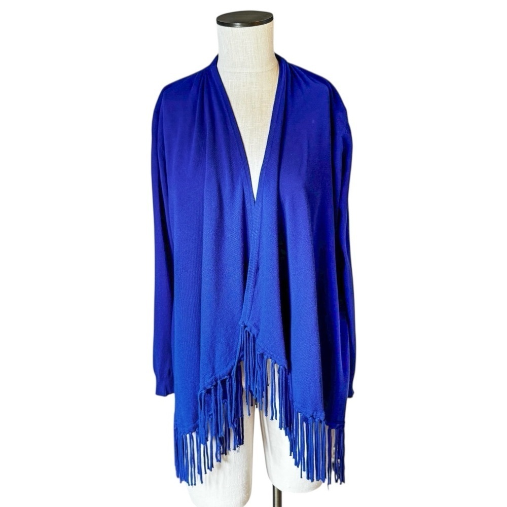 CHELSEA & THEODORE Cobalt Blue Fringe Open Front Cardigan Long Sleeve Sz S
